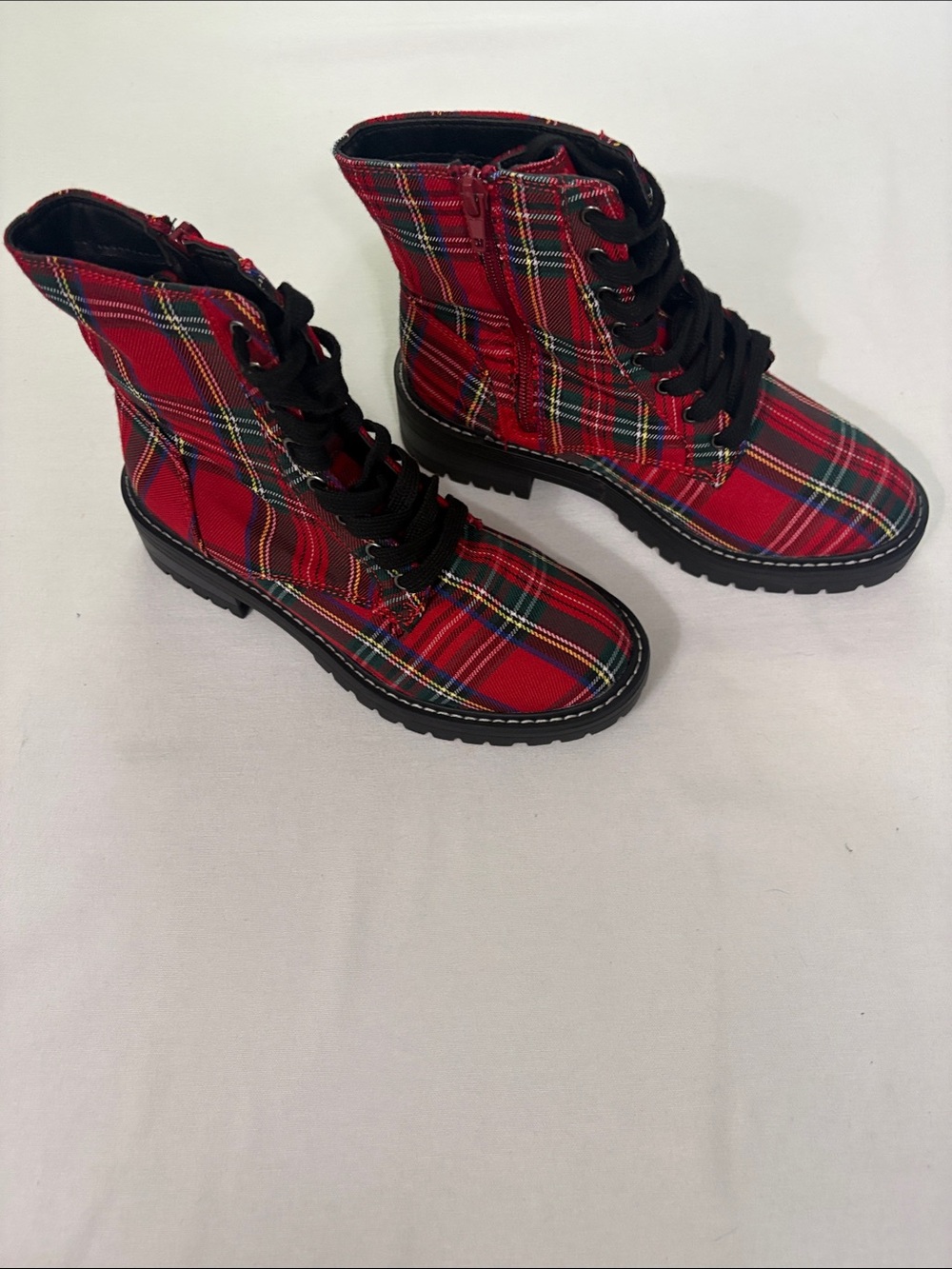 Red Plaid Lace-Up Combat Boots - Size 6